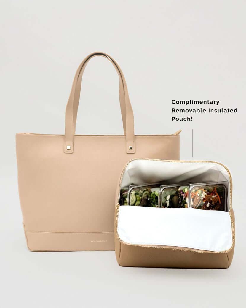 Vegan Leather Work Tote Bag with Removable Insulated Pouch, Cream