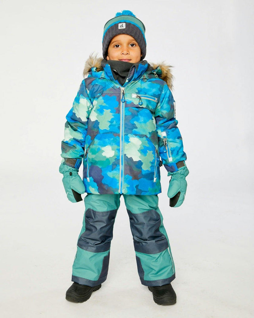 Two Piece Play Snowsuit Blue Camouflage Print With Green Pants