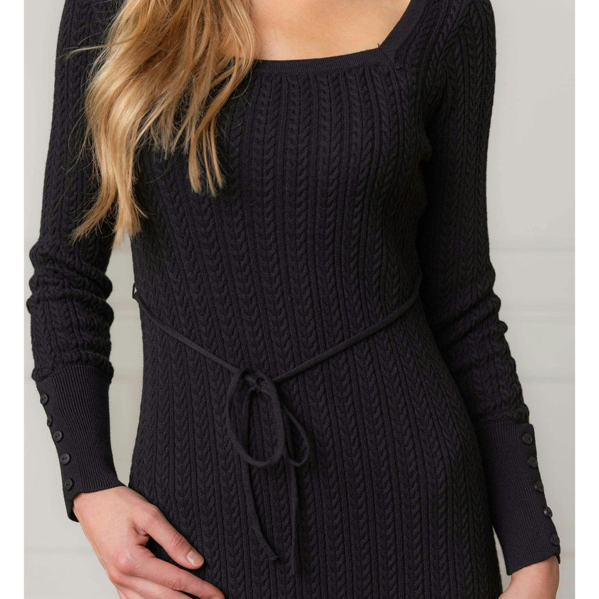 Organic Square Neck Cable Sweater Dress, Black