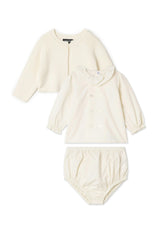 Woven Button Front Elastic Waist Cardigan, Blouse, and Top Three Piece Set