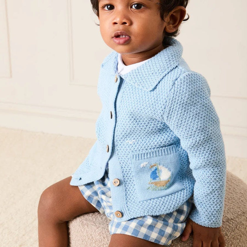 Nautical Boat Embroidery Polo Collar Cardigan in Sky Blue (12mths-6yrs)