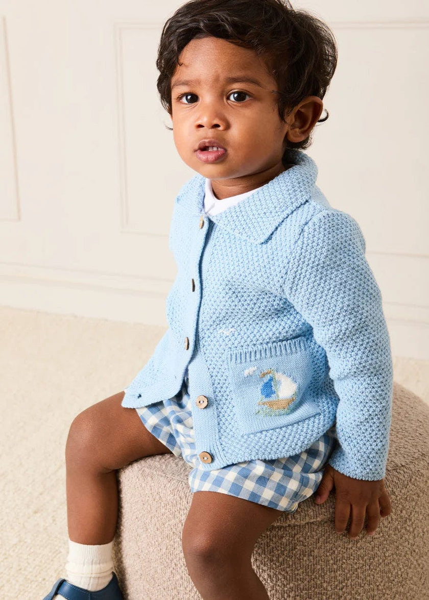 Nautical Boat Embroidery Polo Collar Cardigan in Sky Blue (12mths-6yrs)