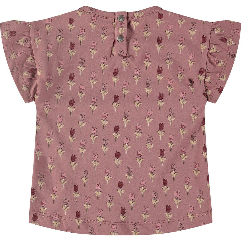 Flower Print Short Ruffle Sleeve T-Shirt