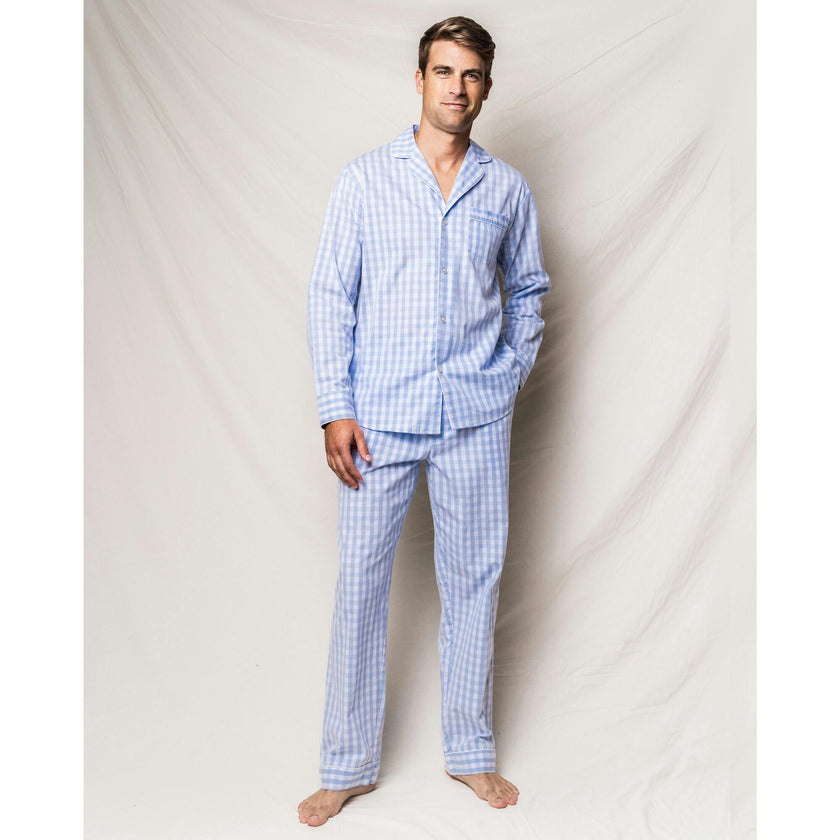 Men's Twill Pajama Set in Light Blue Gingham