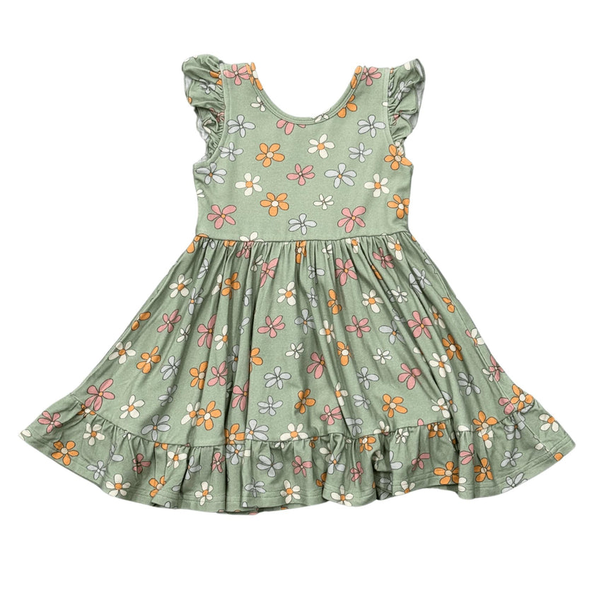 Girls Sleeveless Twirl Dress in Sketched Daisy
