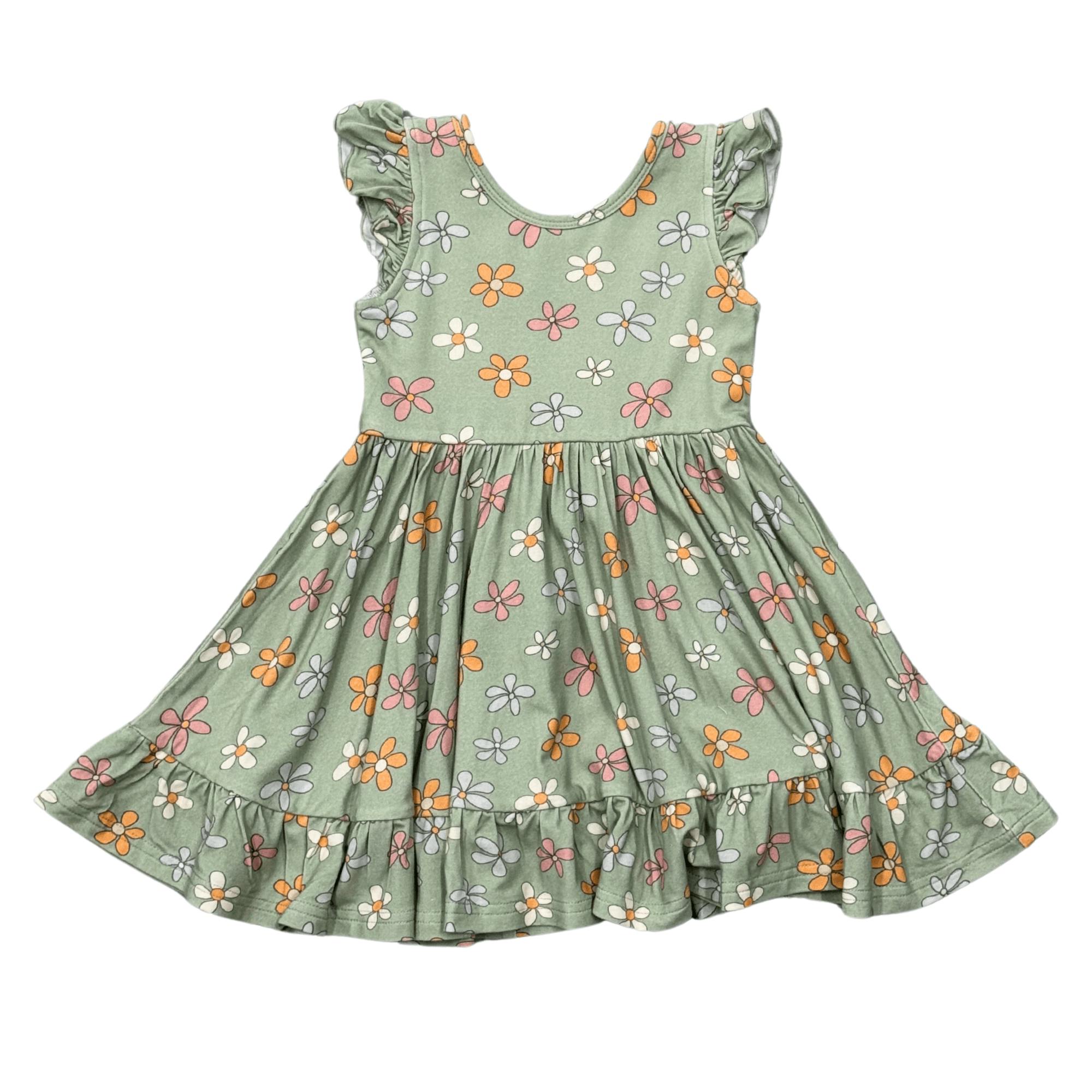 Girls Sleeveless Twirl Dress in Sketched Daisy