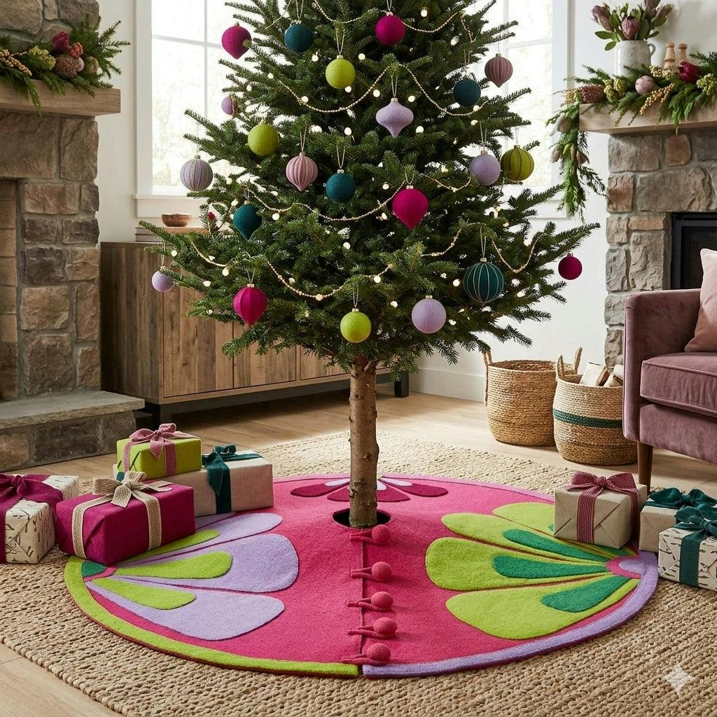 Handmade Retro Flowers Pink Christmas Tree Skirt Felt 60