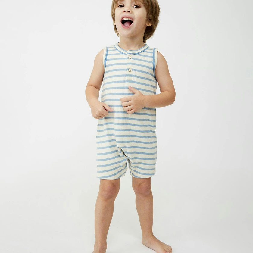 Lachlan Romper, Dusty Blue Stripe