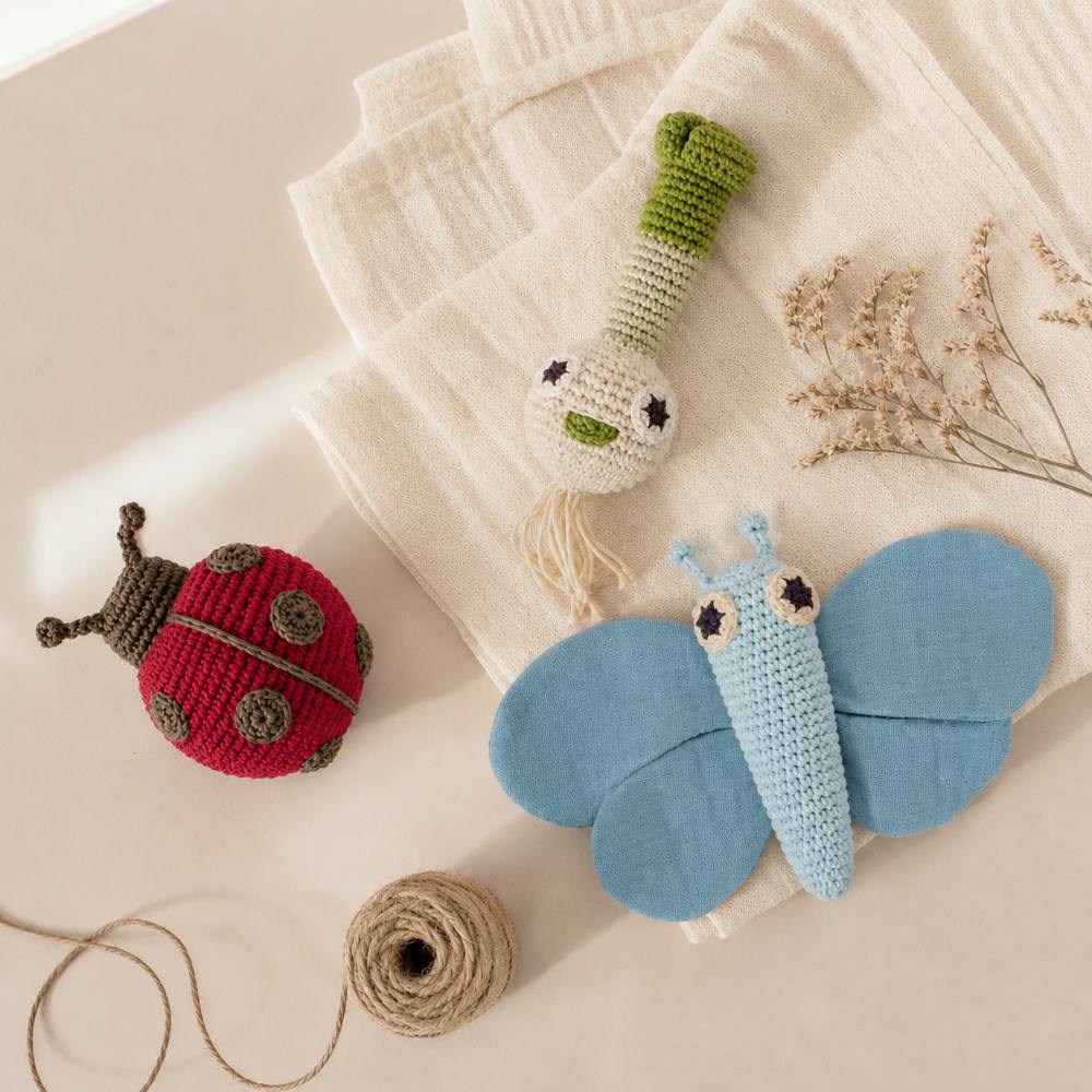 Green Baby Boy Gift Set 🍀🐞 100% organic cotton crochet rattle, pulling toy and lovey
