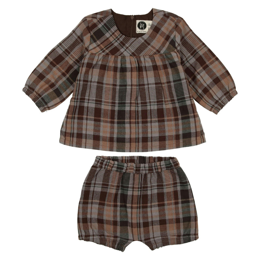 Sweet Plaid Long Puff Sleeve Top & Shorts Set