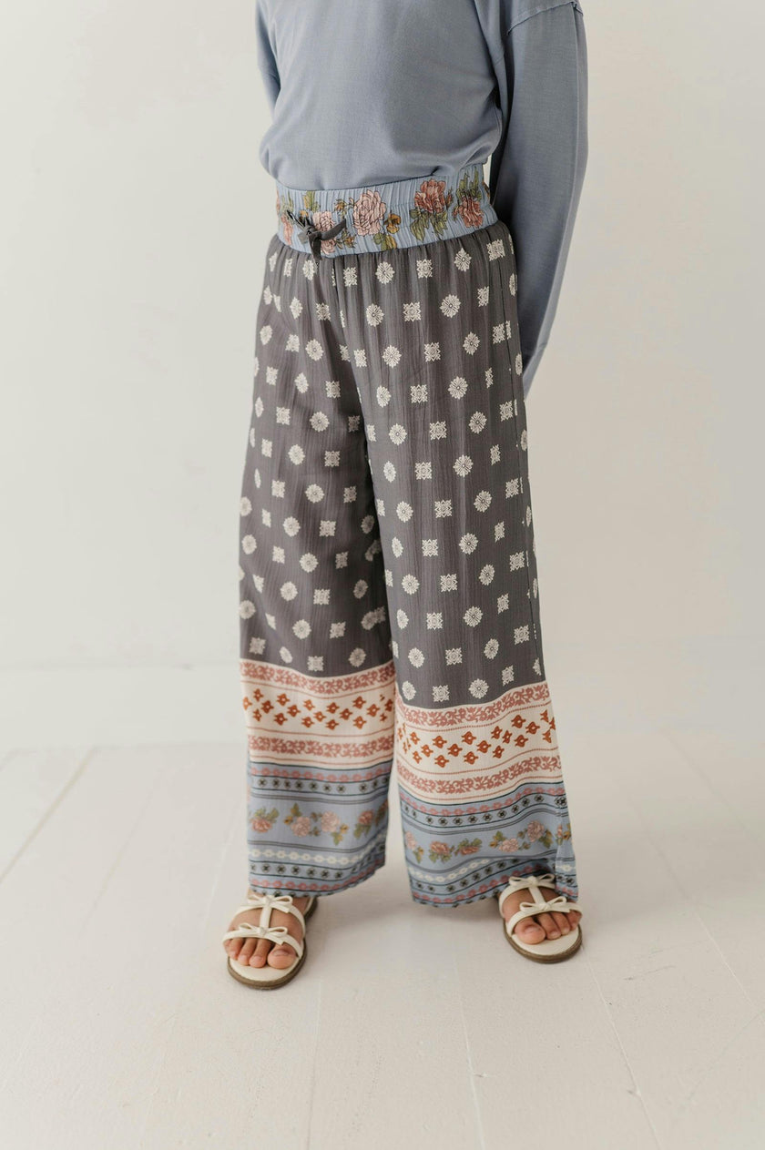 Girls Boho Wide Leg Flowy Pants in Border Print