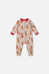 One-Piece Organic Cotton Pajama Beige Reindeer Print