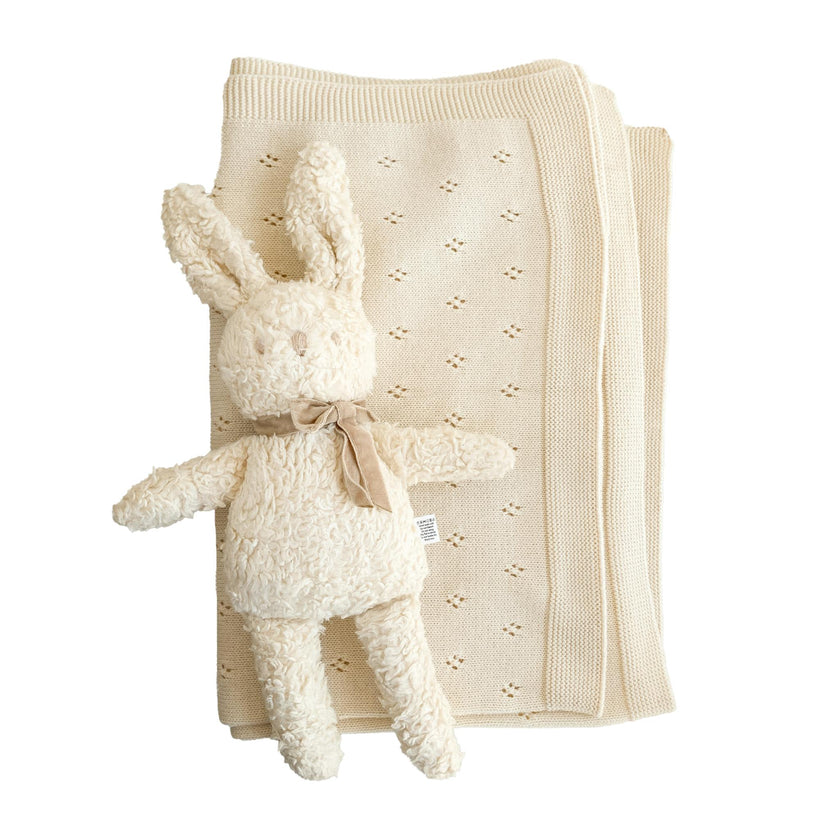 Pique Blanket and Charlie Bunny Plush Toy Set - Cream