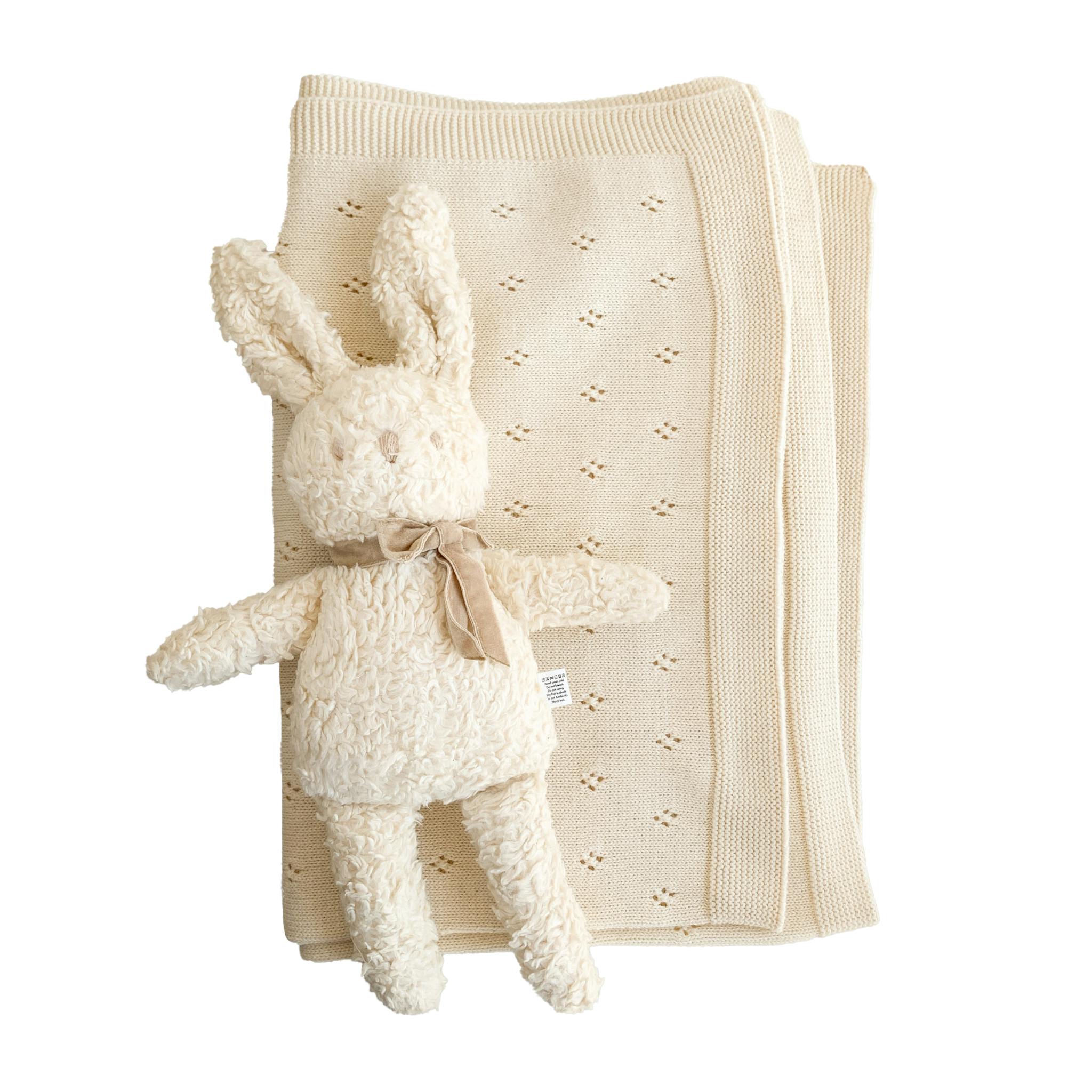 Cream Pique Blanket and Plush Set, Charlie Bunny