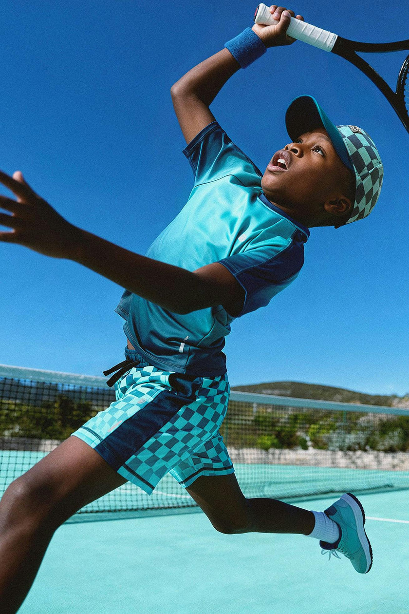Athletic Shorts In Recycled Polyester Teal Printed Checkerboard