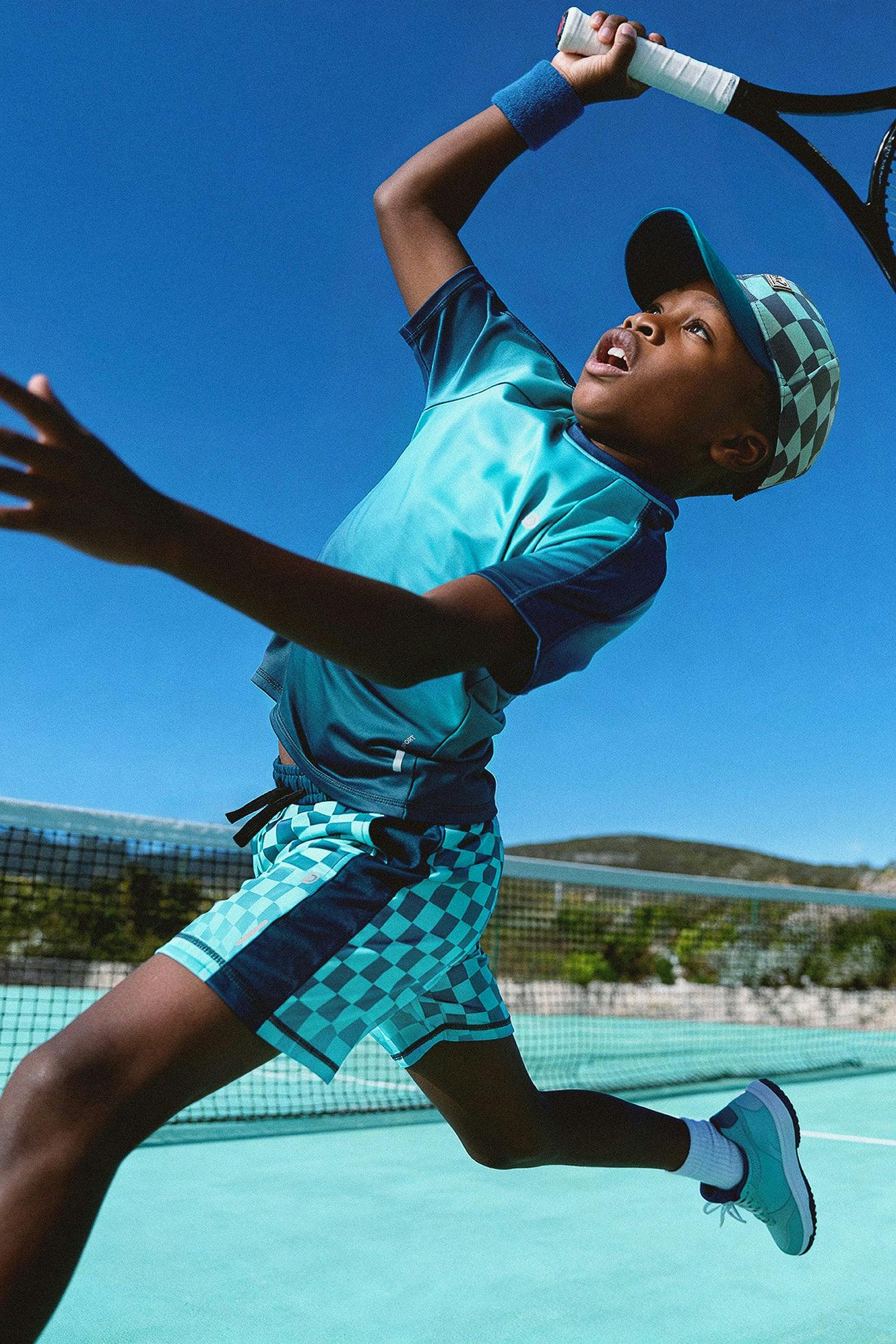 Athletic Shorts In Recycled Polyester Teal Printed Checkerboard