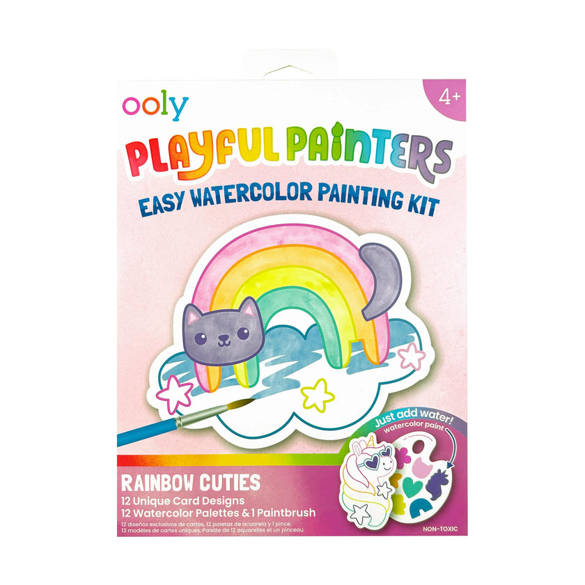 Playful Painters Easy Watercolor Painting Kit - Rainbow Cuties - 12 Cards 12 Palettes 1 Paintbrush
