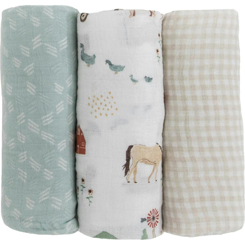 Cotton Muslin Swaddle Blanket 3 Pack - Farmyard