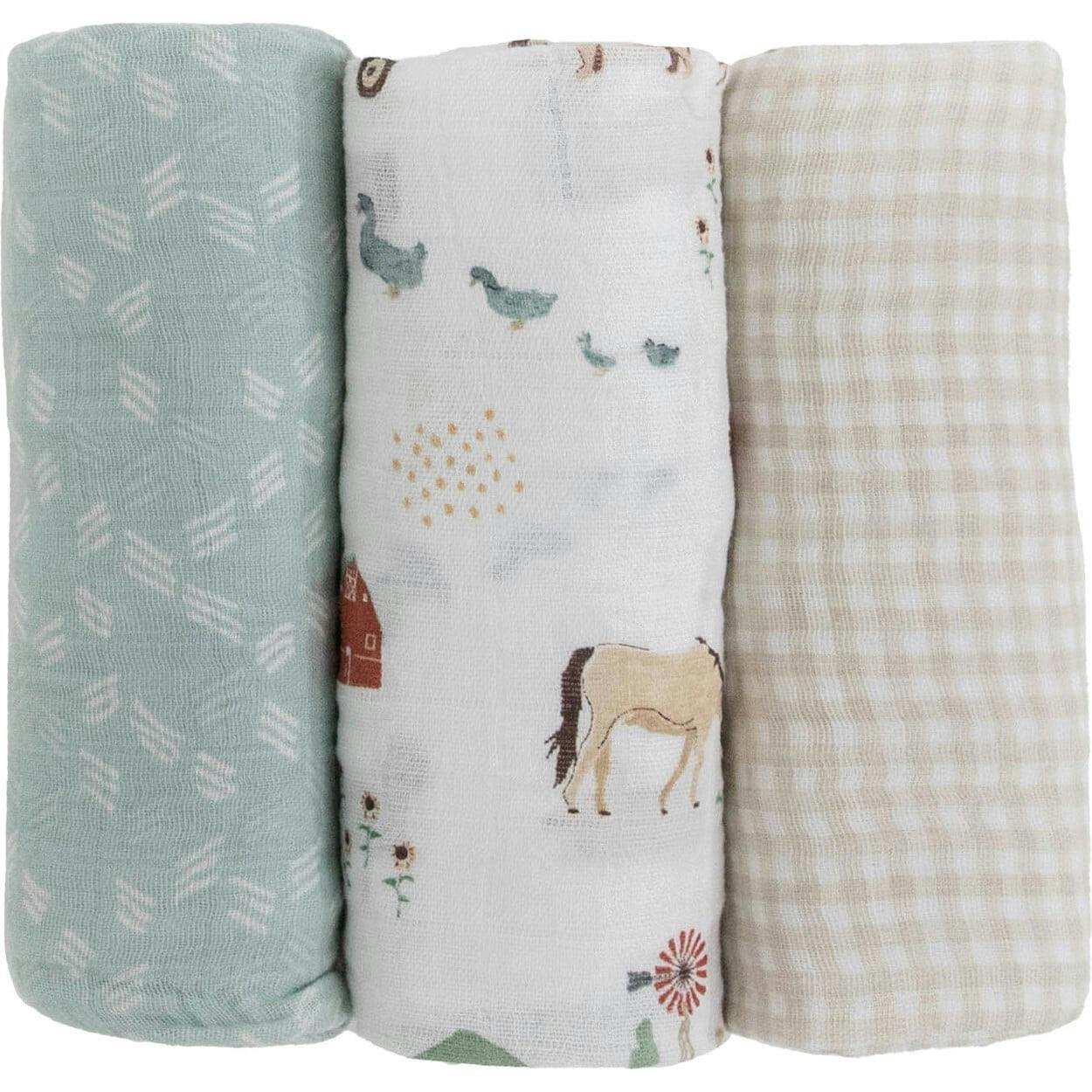 Cotton Muslin Swaddle Blanket 3 Pack - Farmyard