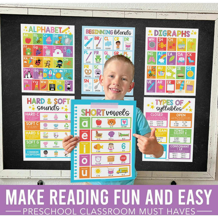 16-Piece Colorful Prek & Kindergarten Posters & 9-Piece Phonics & Vowels Posters