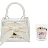 Packed Party Clear Mini Crossbody Bag - White Trim with Gold Chain Strap, Removable Satin Bow Scarf, Top Handle, 7x3.5x5 Inch
