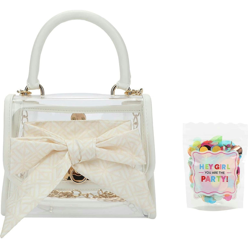Packed Party Clear Mini Crossbody Bag - White Trim with Gold Chain Strap, Removable Satin Bow Scarf, Top Handle, 7x3.5x5 Inch