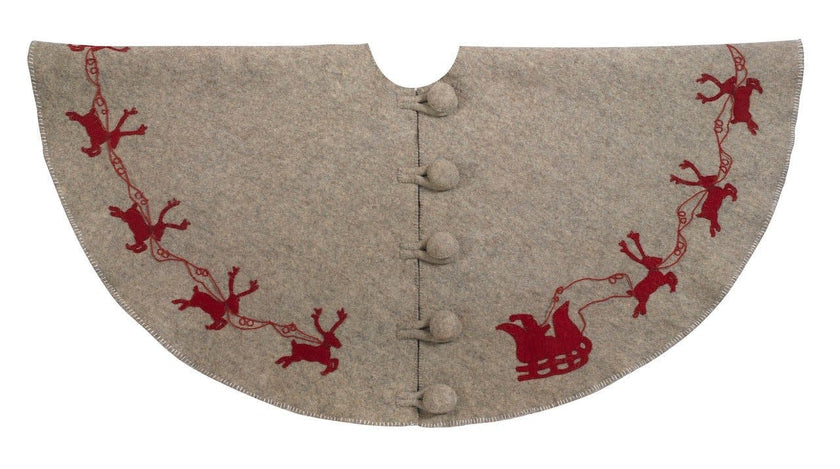 Handmade Reindeer Christmas Tree Skirt- Grey Red Reindeer And Cream Whip Stitch-72"