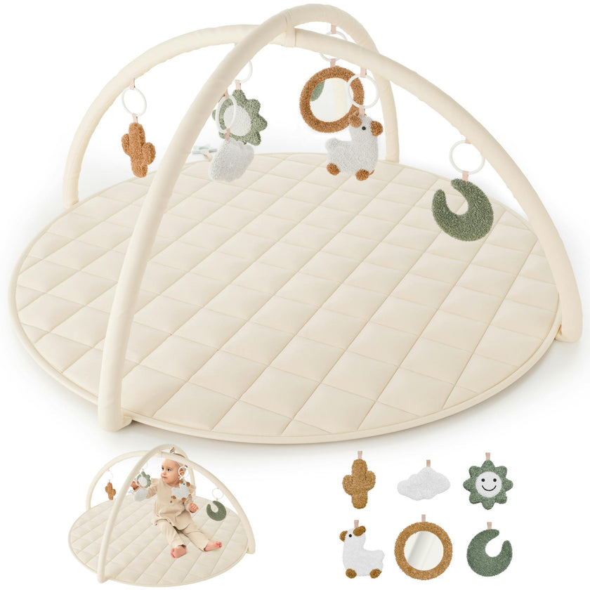 Beautiful Baby Play Gym - Soft Cotton Mat with 6 Cute Toys Creates The Perfect Activity Area for Your Girl/Boy - Stylish Infant Floor Playmat for Playroom