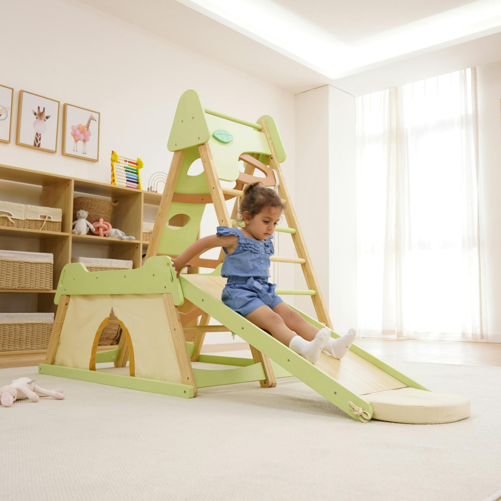 Avenlur Bush 6-in-1 Indoor Wooden Jungle Gym Climber – Montessori Toddler Playset with Slide, Rock Wall, Ladder & More