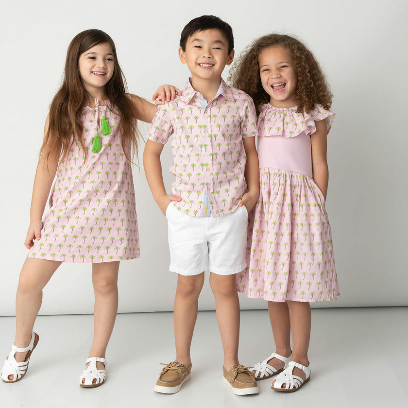 Pink Palms Mixed Fabric Ruffle Dress