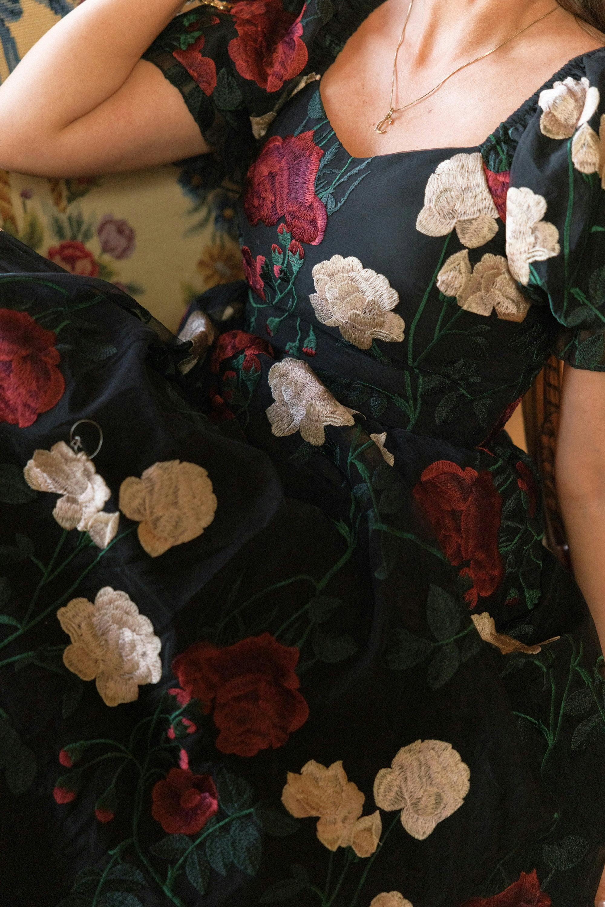 Amora Dress in Obsidian Rose Embroidery