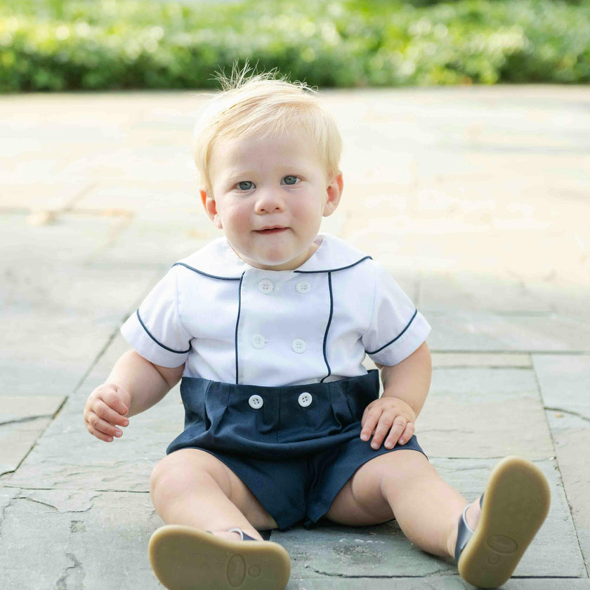 Navy Pique Button on Shortall