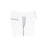 boys white french terry short with navy side piping