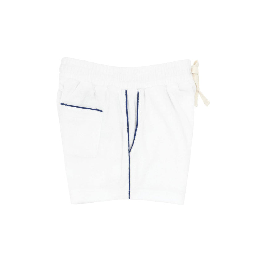 boys white french terry short with navy side piping