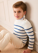 Striped Crewneck Ribbed Detail Blue & White Striped Jumper in Navy (12mths- 10yrs)