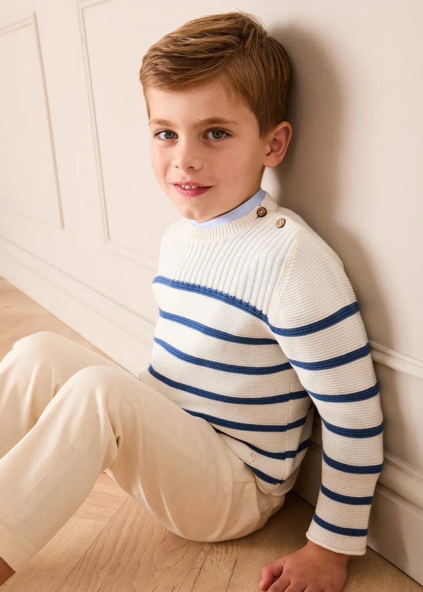 Striped Crewneck Ribbed Detail Blue & White Striped Jumper in Navy (12mths- 10yrs)