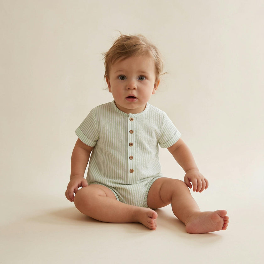 Organic Short Bubble Romper - Basil Stripes