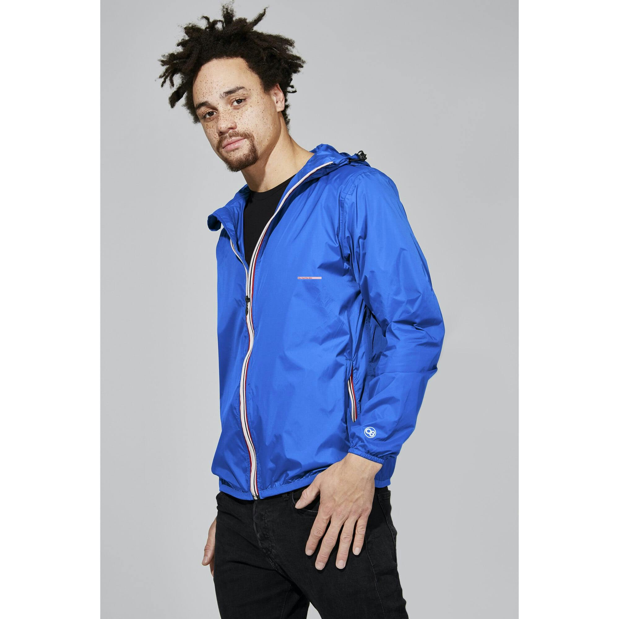 Navy full zip packable rain jacket and windbreaker