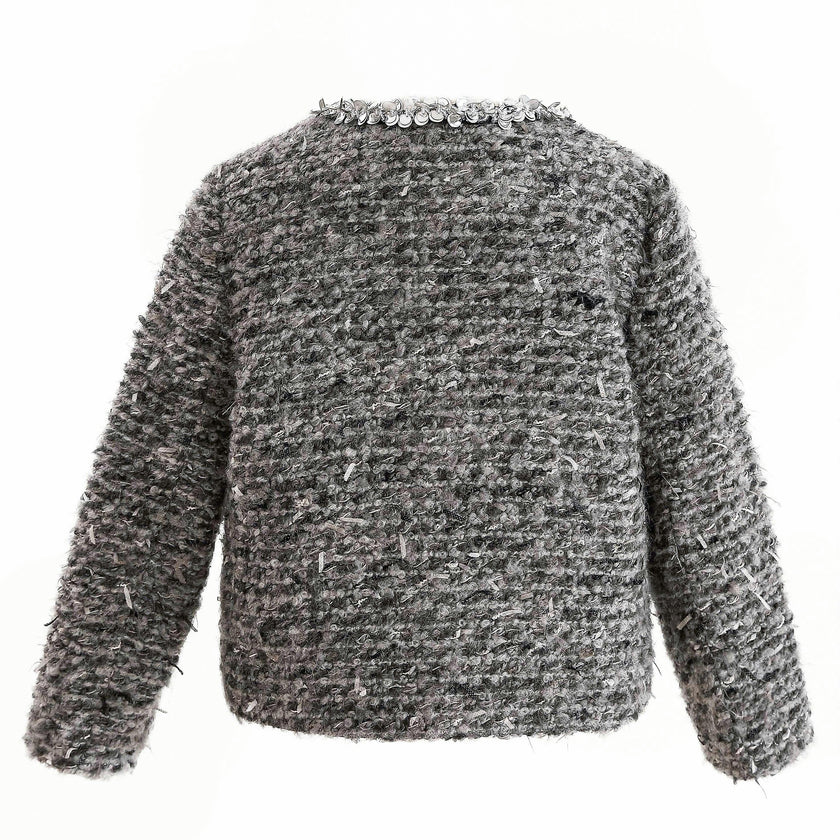 Gray Bouclé Jewel-Collar Jacket