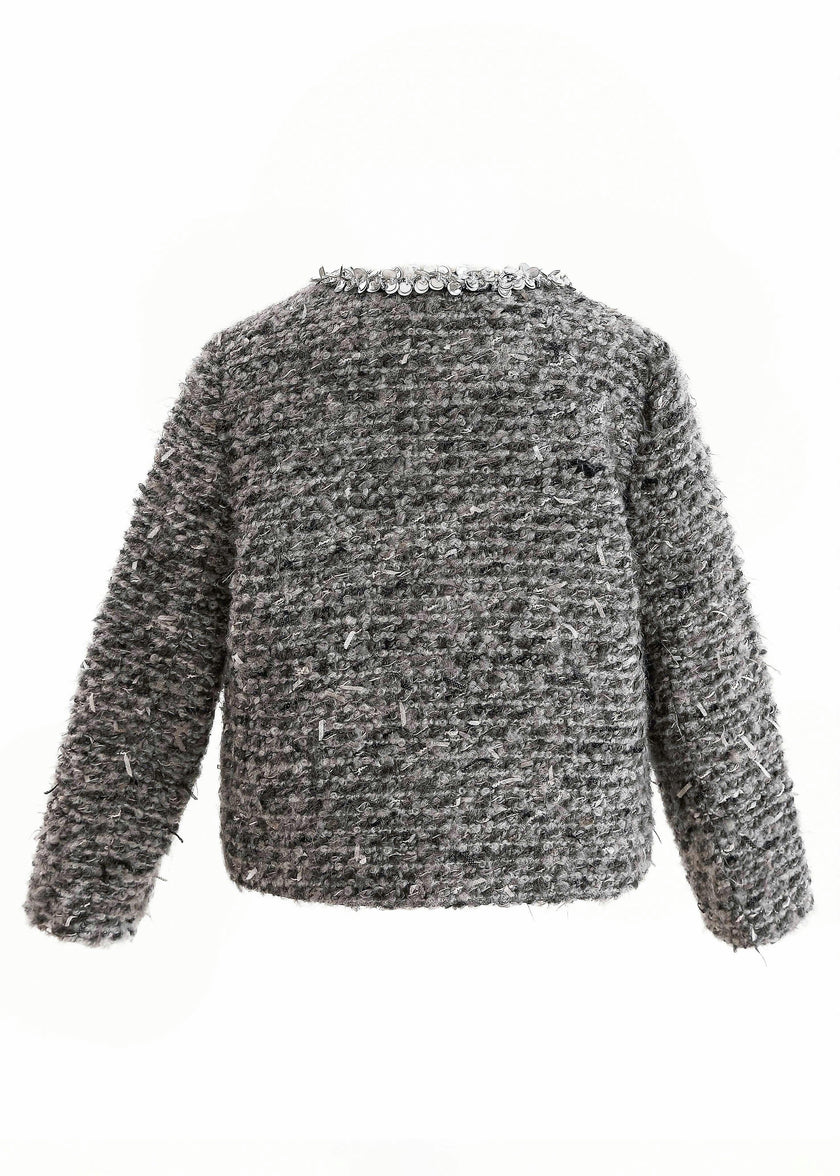 Gray Bouclé Jewel-Collar Jacket