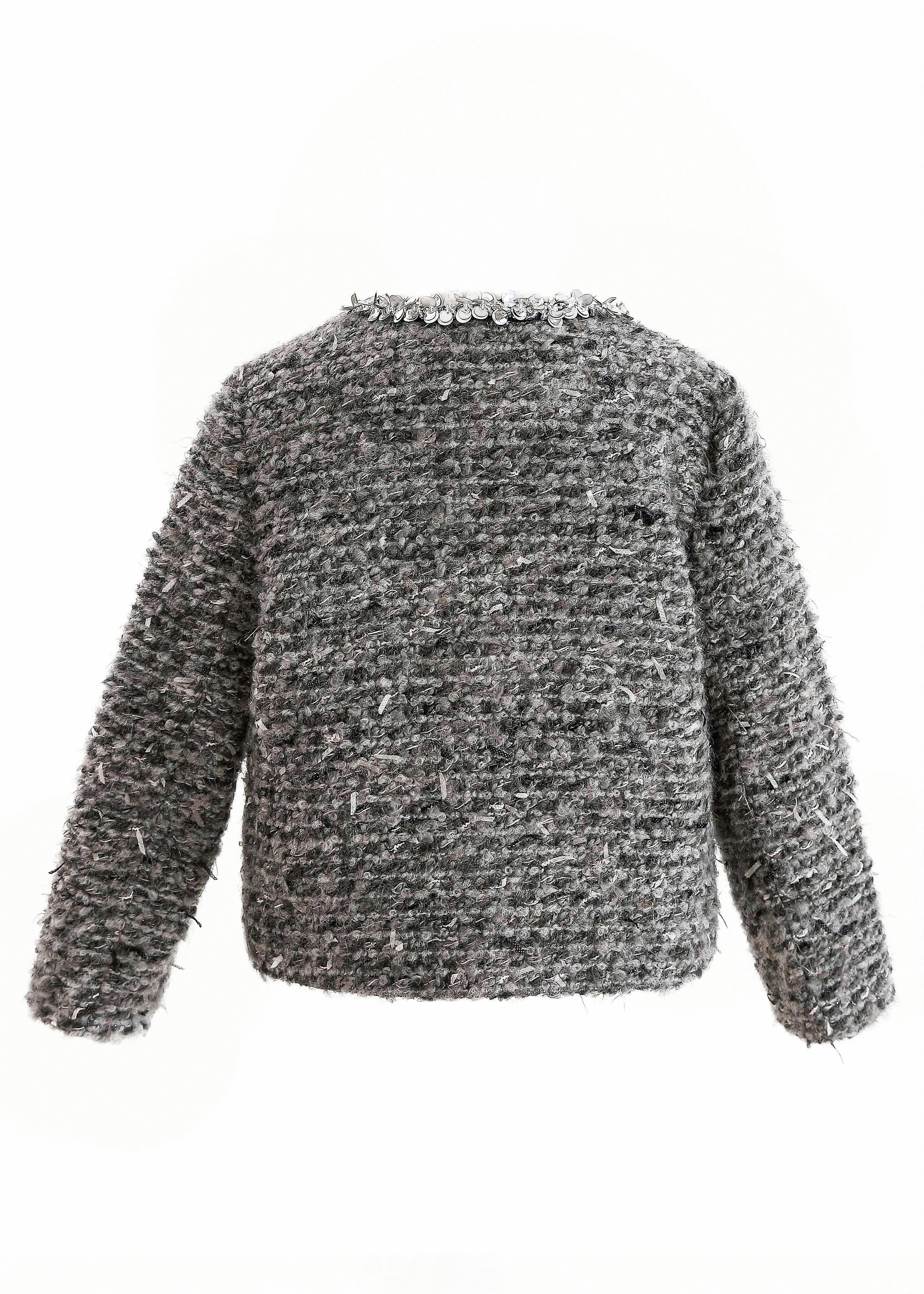 Gray Bouclé Jewel-Collar Jacket