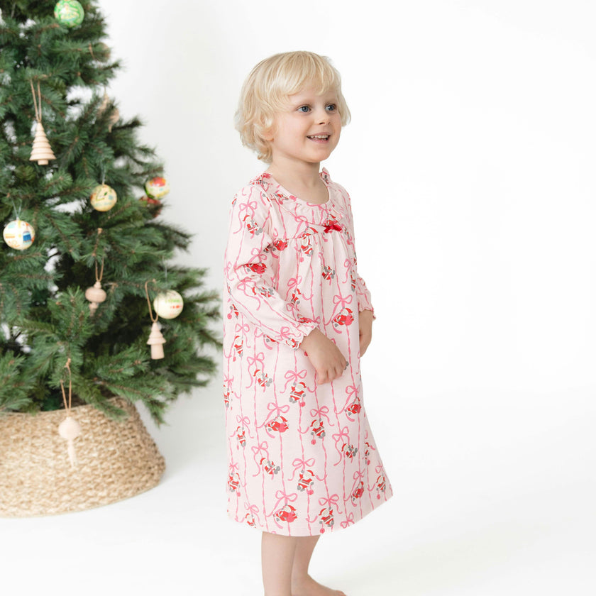 Bows & Santa - Knit Flame Resistant Long Sleeve Gown with Ruffle Collar