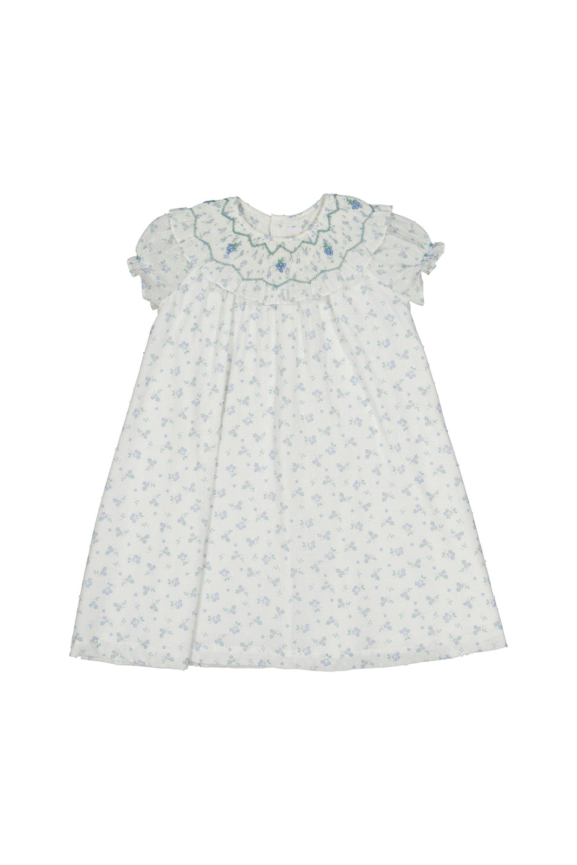 Myrtille Blue Floral Short Sleeve Bishop Dress