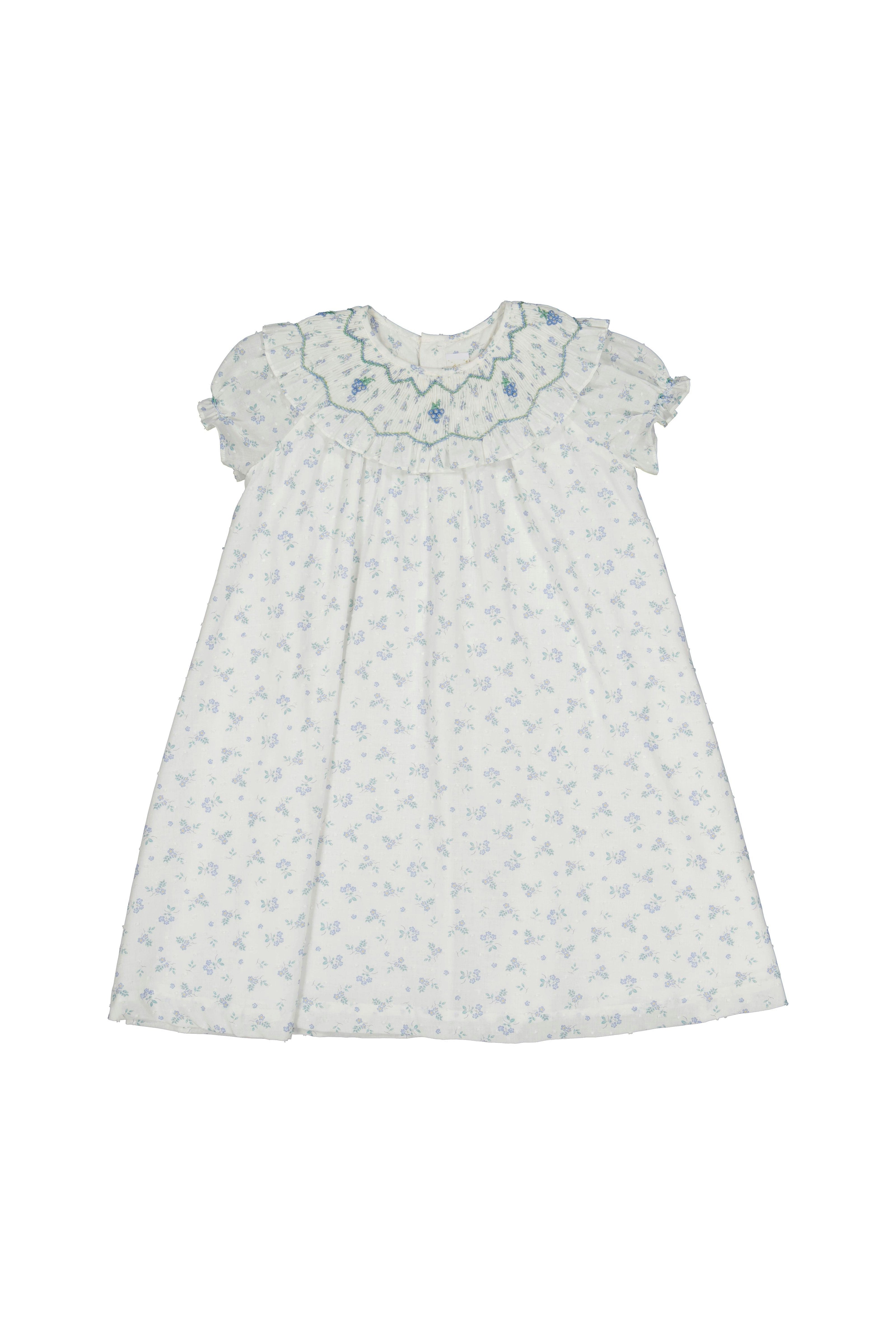 Myrtille Blue Floral Short Sleeve Bishop Dress