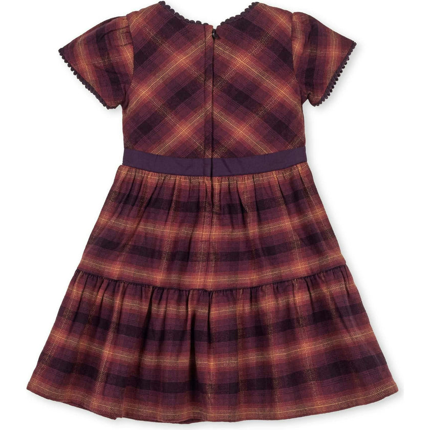 Organic Puff Sleeve Tiered Flannel Dress with Sash, Purple