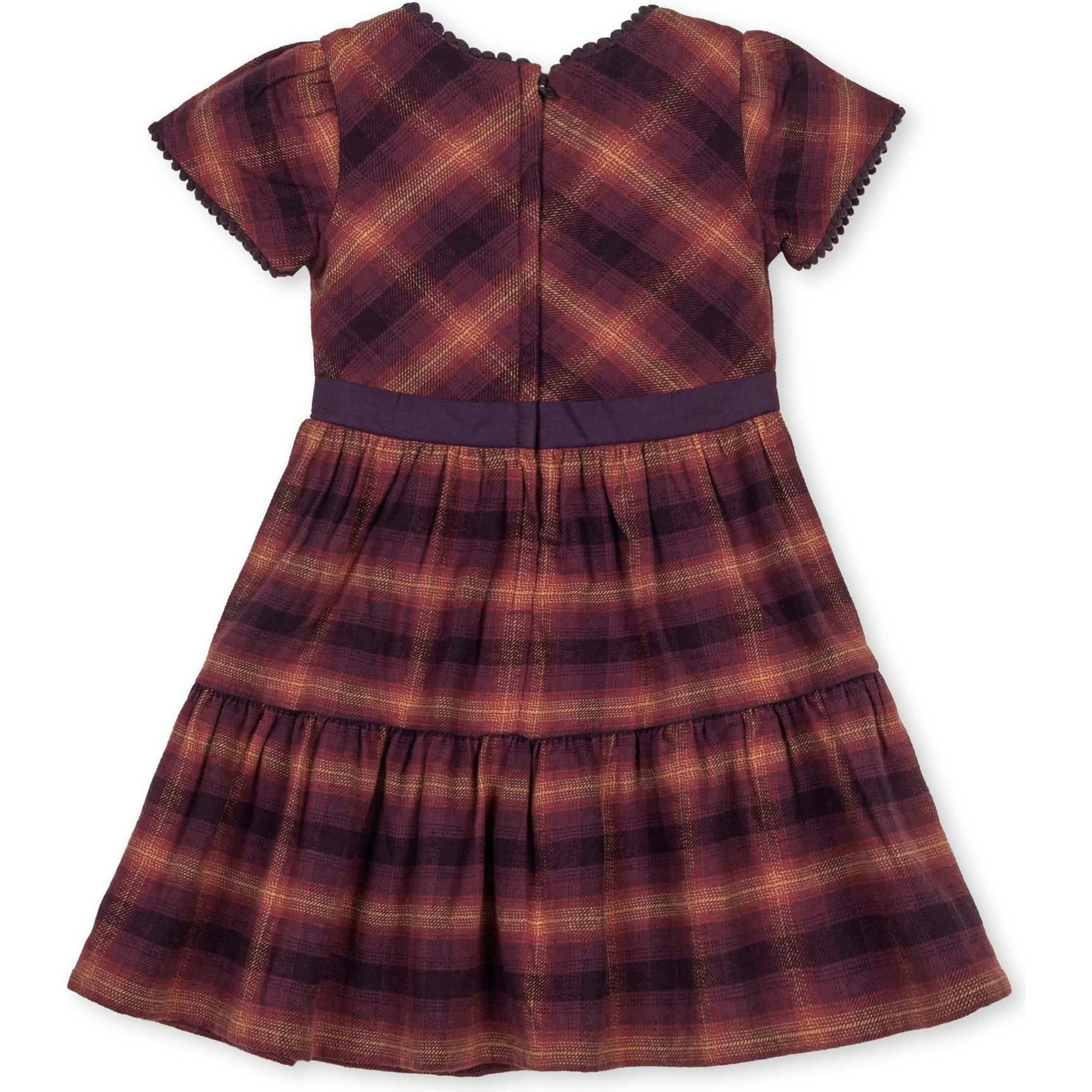 Organic Puff Sleeve Tiered Flannel Dress with Sash, Purple