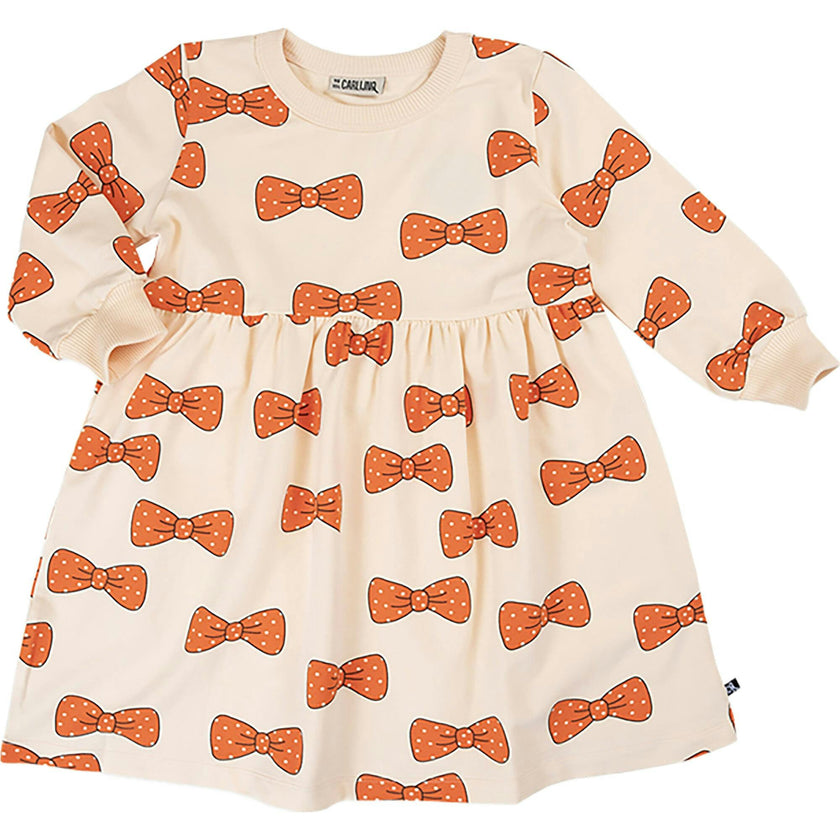 Bows Graphic Print Peplum Detail Round Neck Long Sleeve Dress
