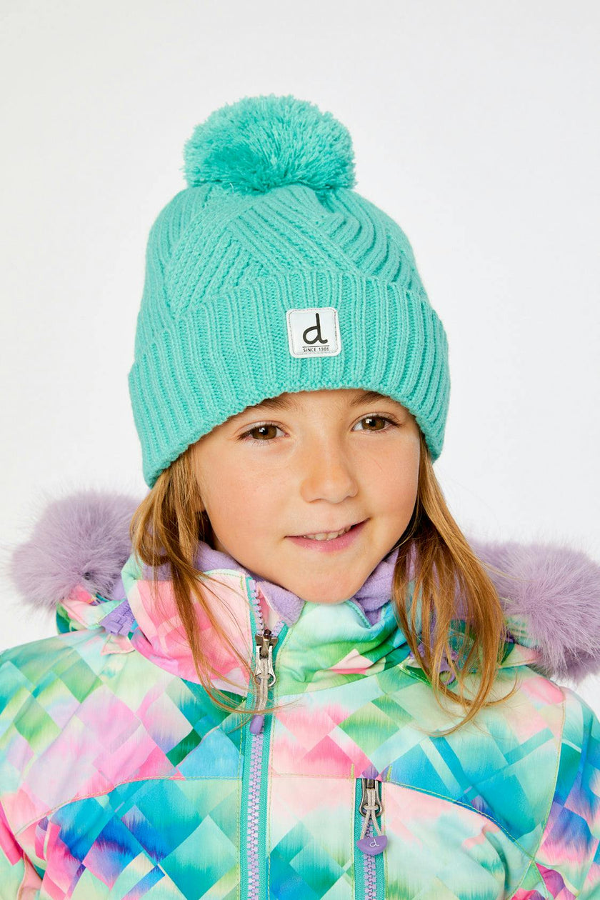 Winter Knit Hat with Pompom Turquoise Blue
