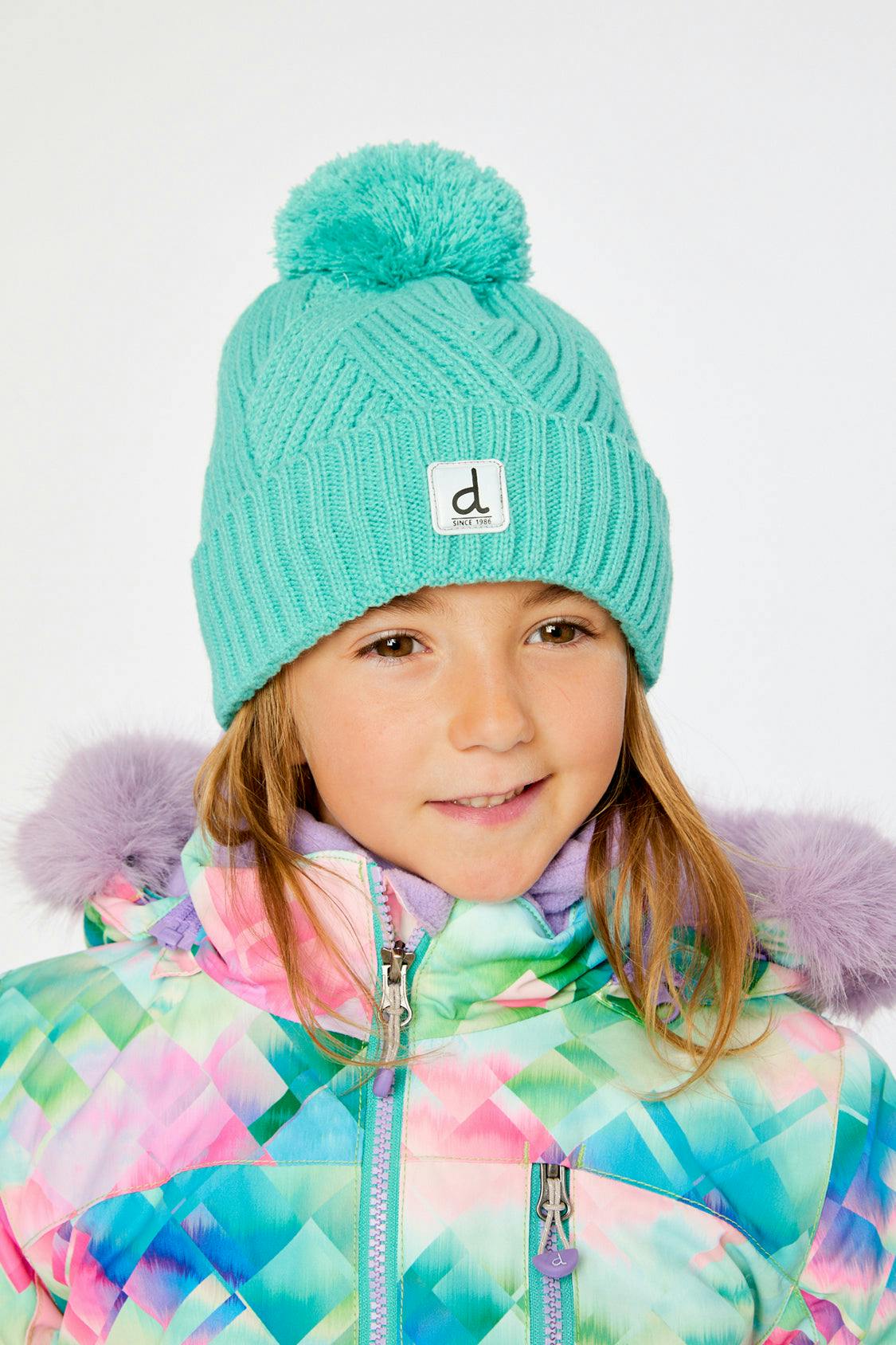 Winter Knit Hat with Pompom Turquoise Blue