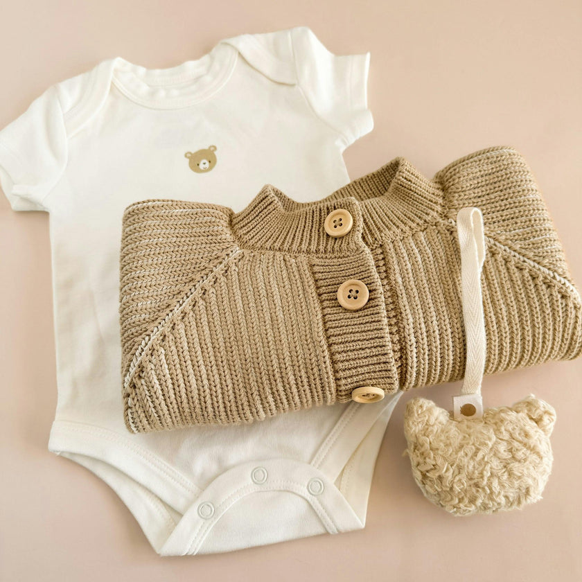 Cotton Cardigan Onesie Pacifier Clip Gift Set - Bear